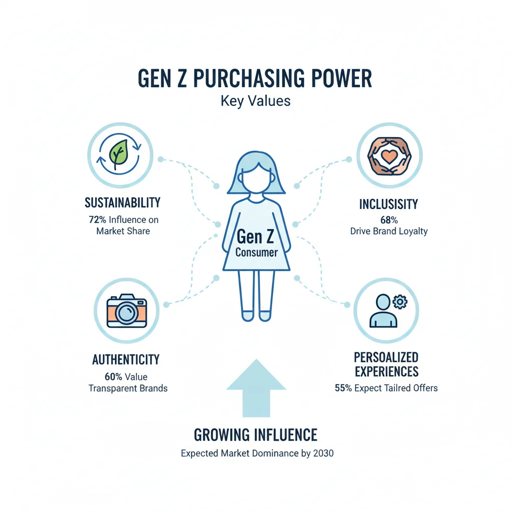Infographic showing Gen Z consumer values: sustainability, inclusivity, authenticity