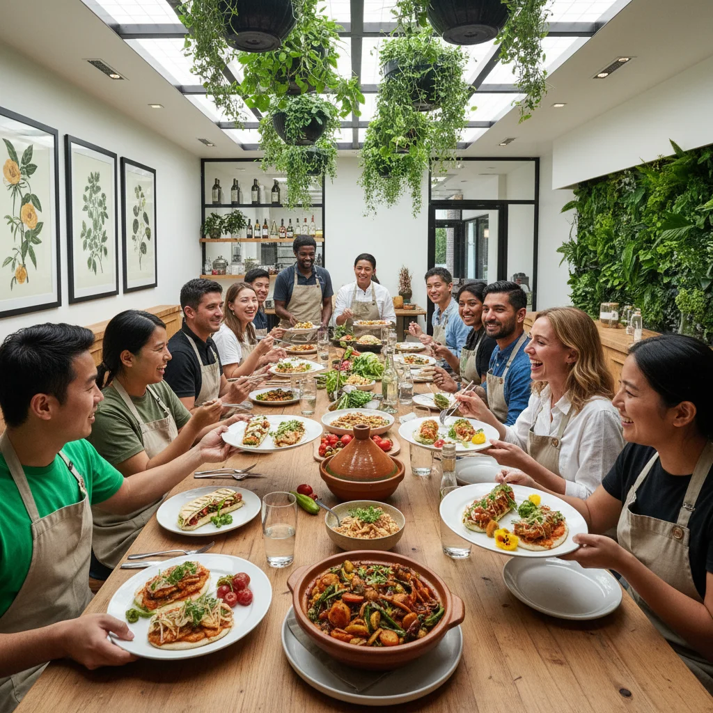 Diverse diners enjoying global fusion cuisine in a sustainable restaurant setting.