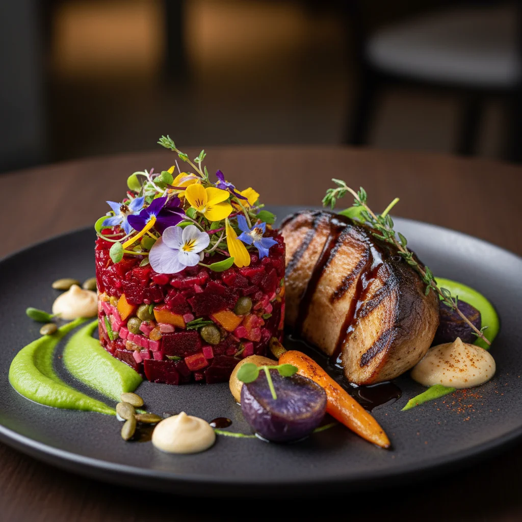 Gourmet plant-based dish, innovative vegetarian cuisine, future of meat alternatives.