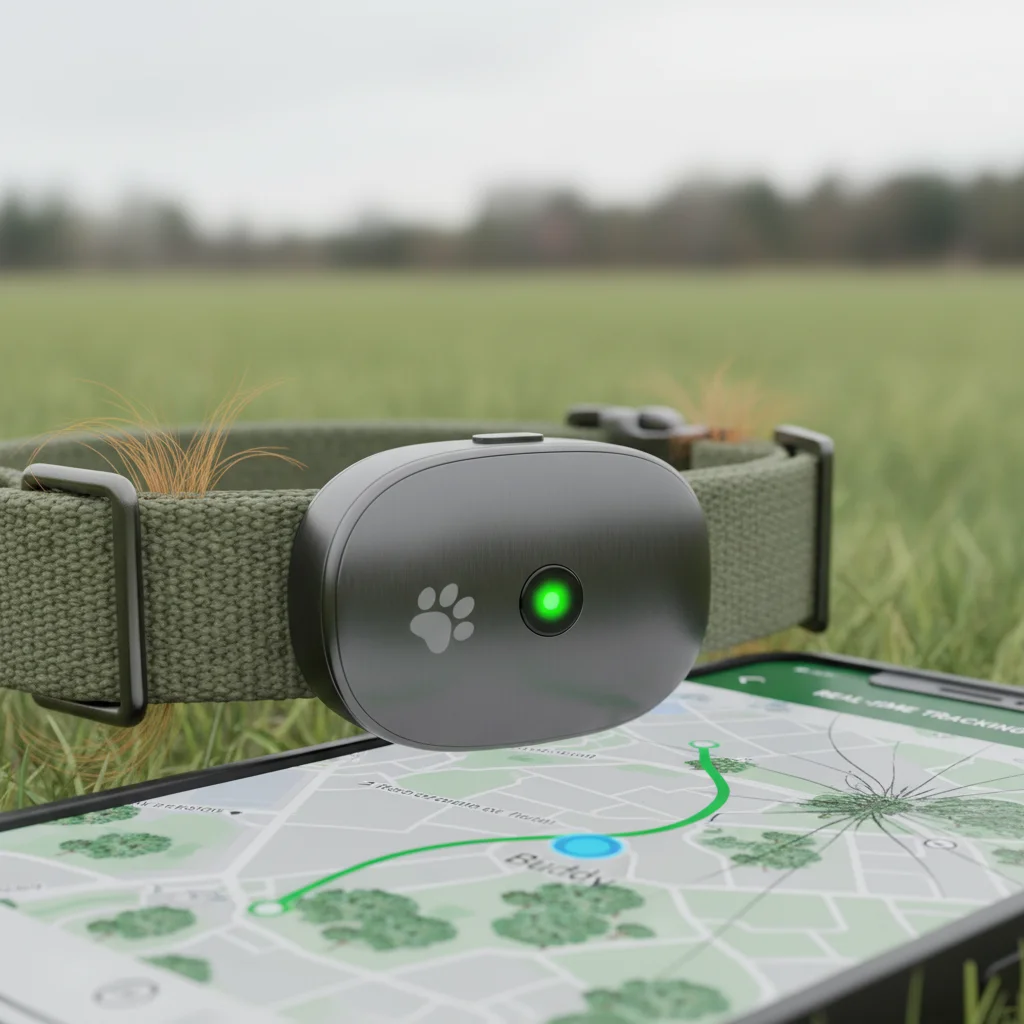 GPS pet tracker on a dog's collar with a smartphone showing location.
