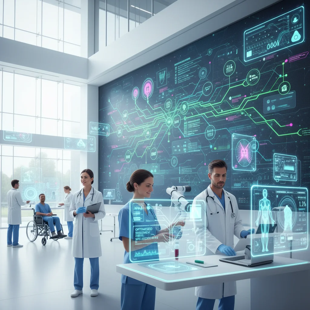 Doctors and nurses using advanced diagnostic equipment with predictive analytics in a modern hospital.