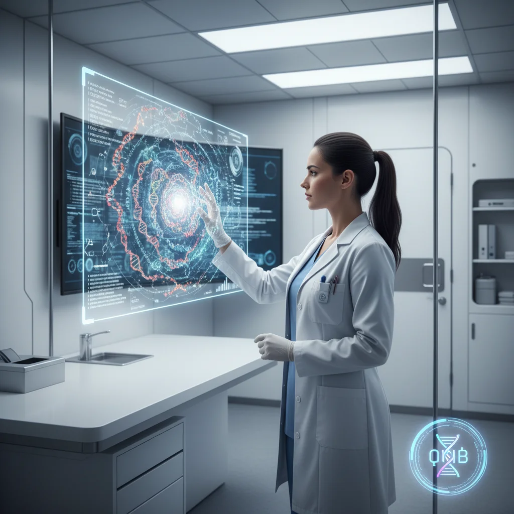 Doctor analyzing genomic data with quantum computing interface in modern healthcare.