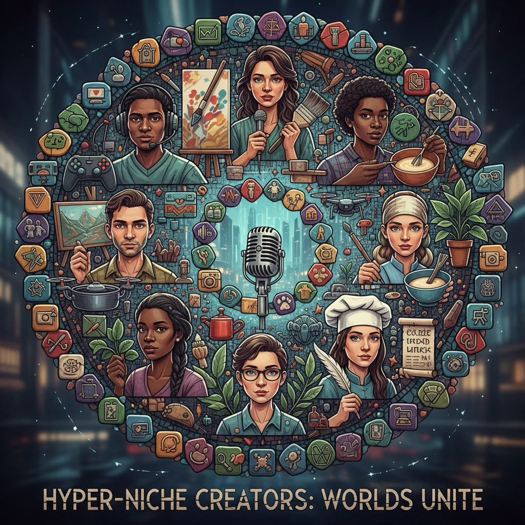 Mosaic of diverse niche content creators and their specialized communities within the creator economy.