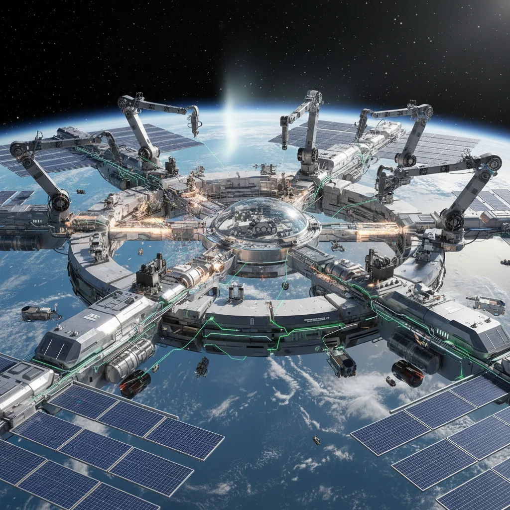 Conceptual image of an advanced in-space manufacturing facility with robotic arms building components in Earth's orbit.