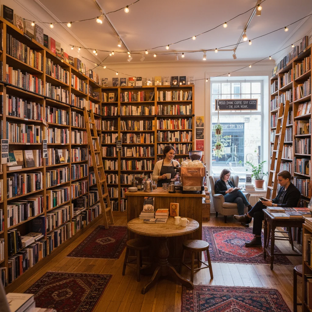 Cozy independent bookstore interior with customers, highlighting local business charm and community space.
