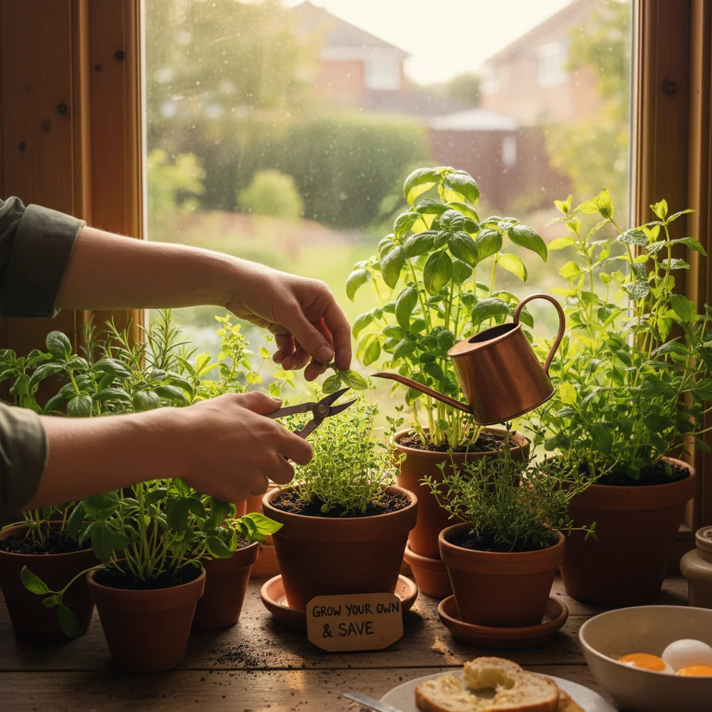 Hands tending an indoor herb garden, symbolizing sustainable food practices