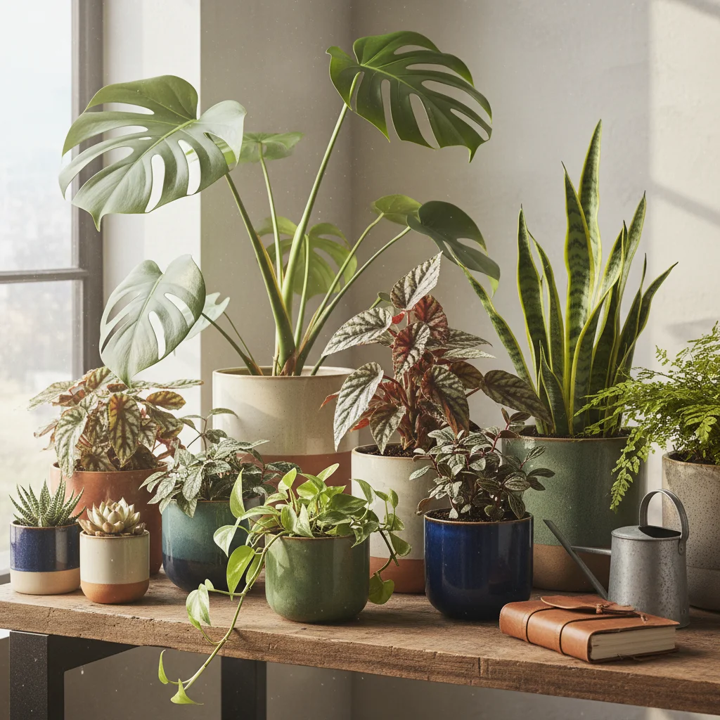 Indoor plant collection on wooden shelf, natural light