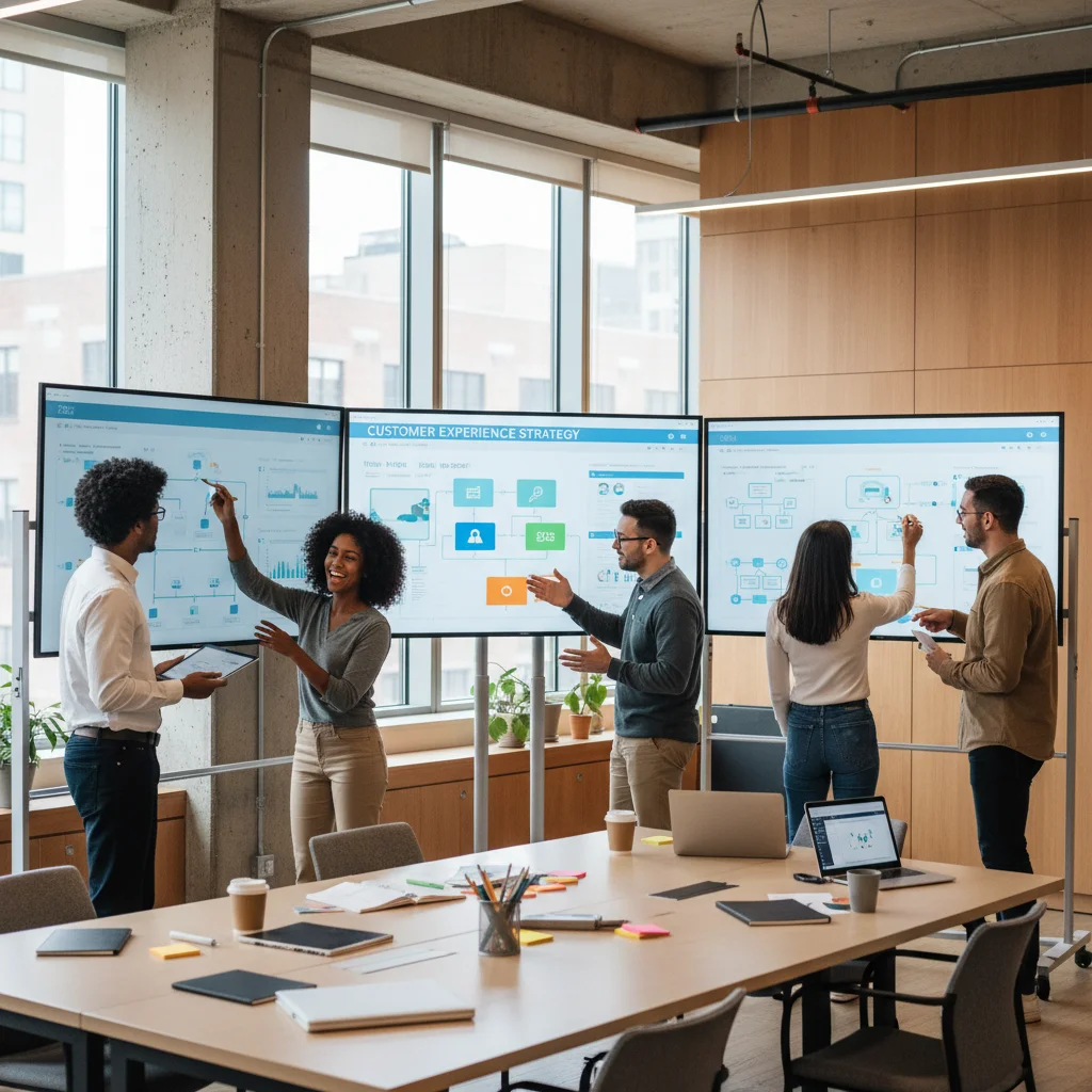 Team collaborating on innovative customer experience strategies in a modern office.