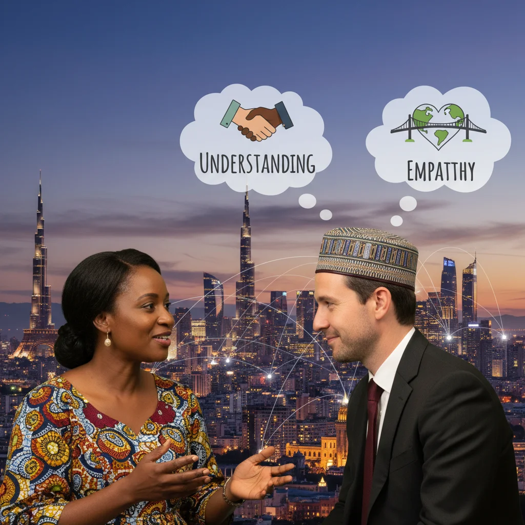 People engaging in active listening and empathetic dialogue across cultures.