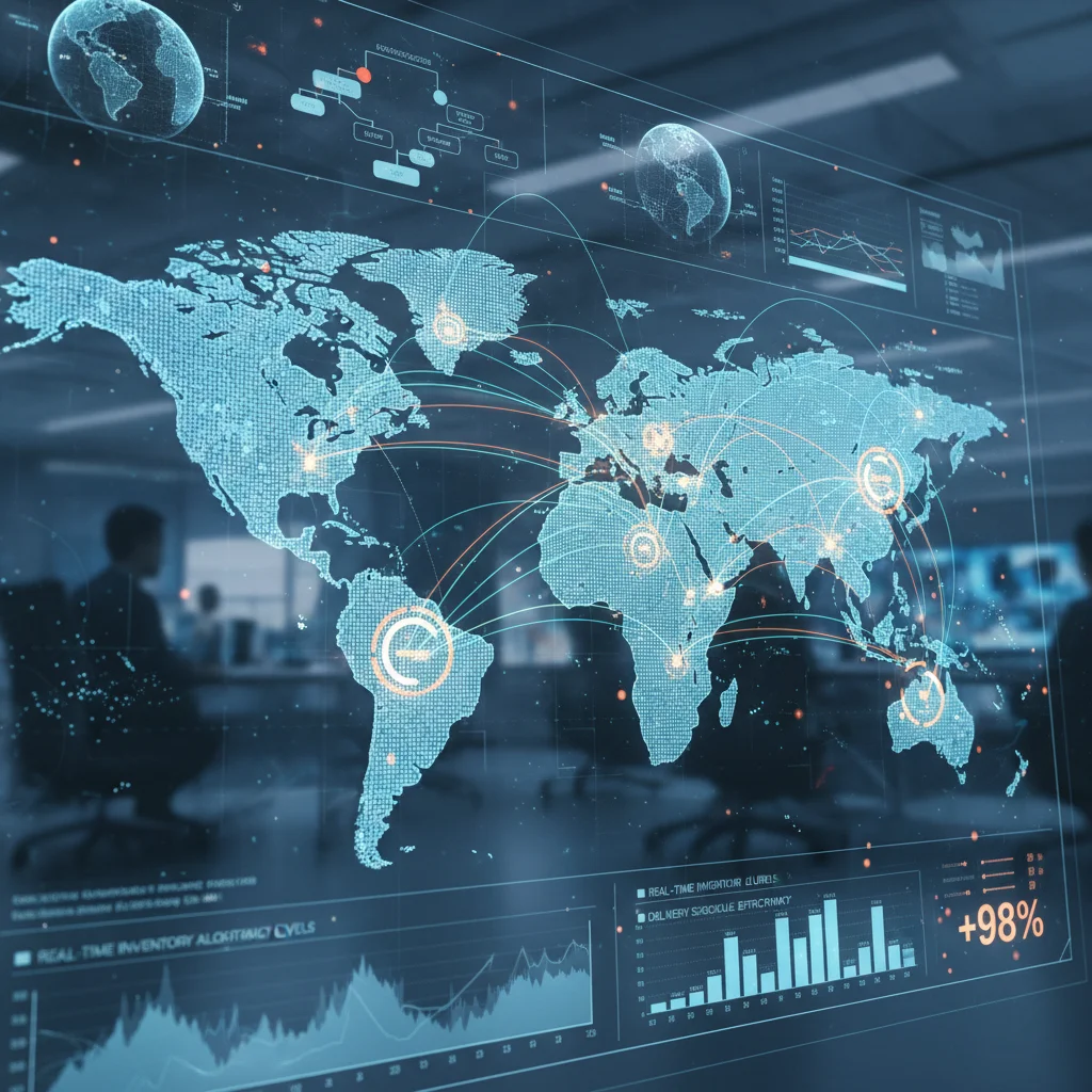 Digital map showing optimized shipping routes and logistics networks with predictive analytics.