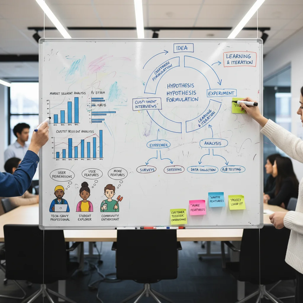Whiteboard displaying market research and customer feedback for idea validation.