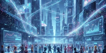 Metaverse economy with diverse digital avatars interacting in a futuristic virtual city.