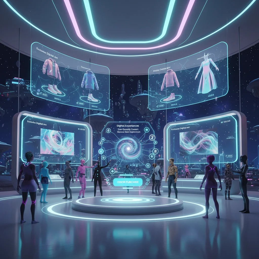 Virtual storefront in metaverse displaying digital products and NFTs.