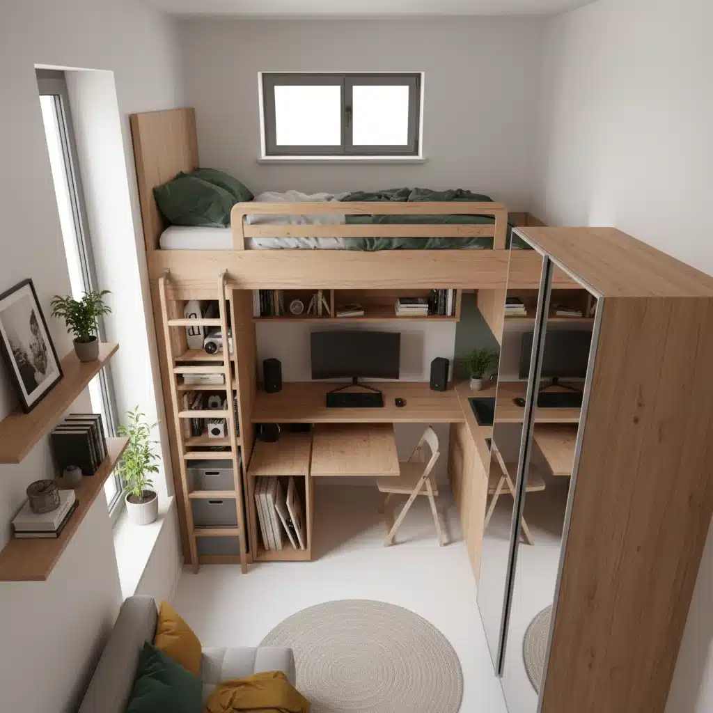 Overhead view of a micro-apartment with vertical living and loft bed