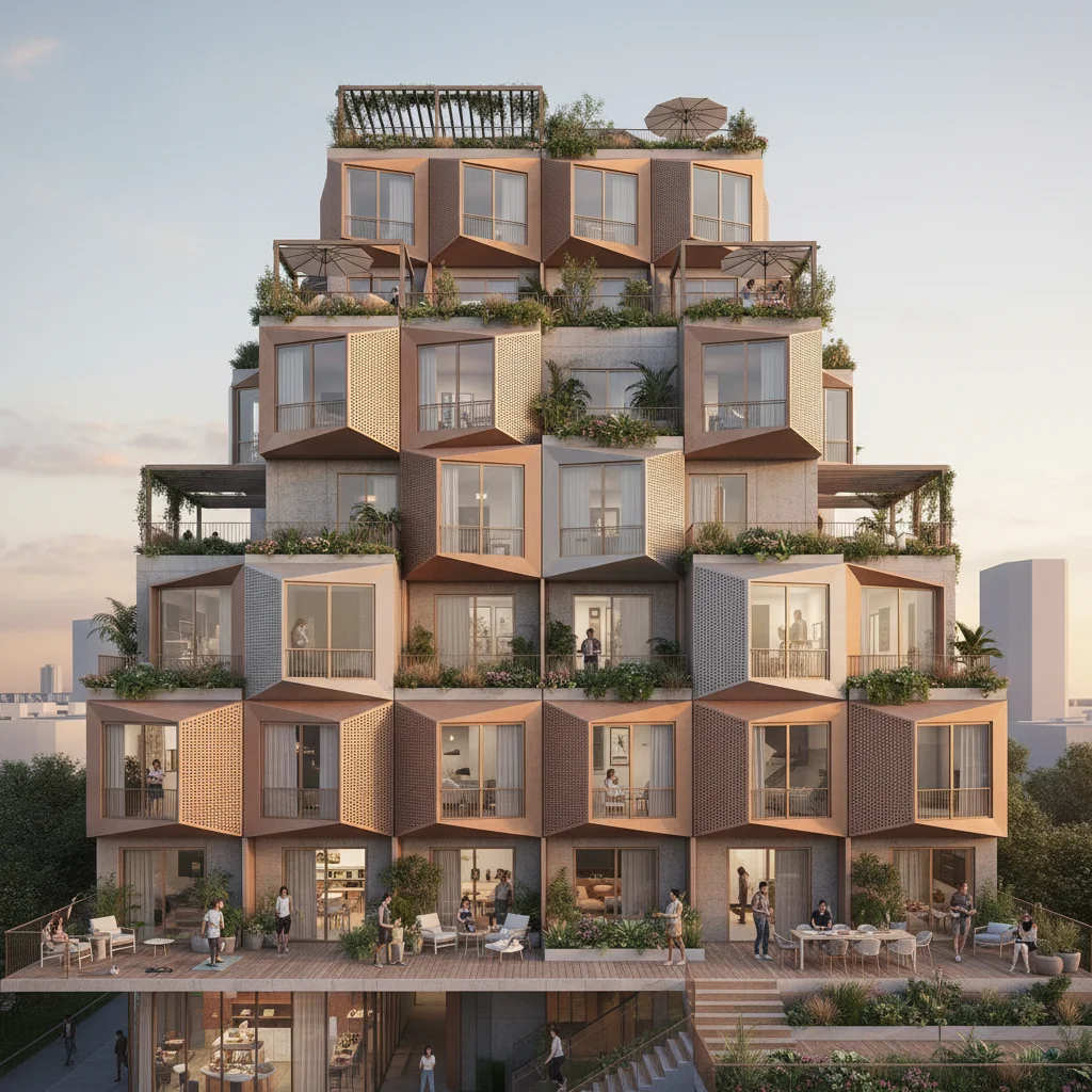 Architectural rendering of micro-living building with communal spaces