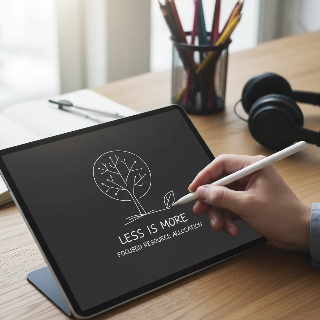 Hand sketching minimalist design on a tablet, symbolizing focused resource allocation.