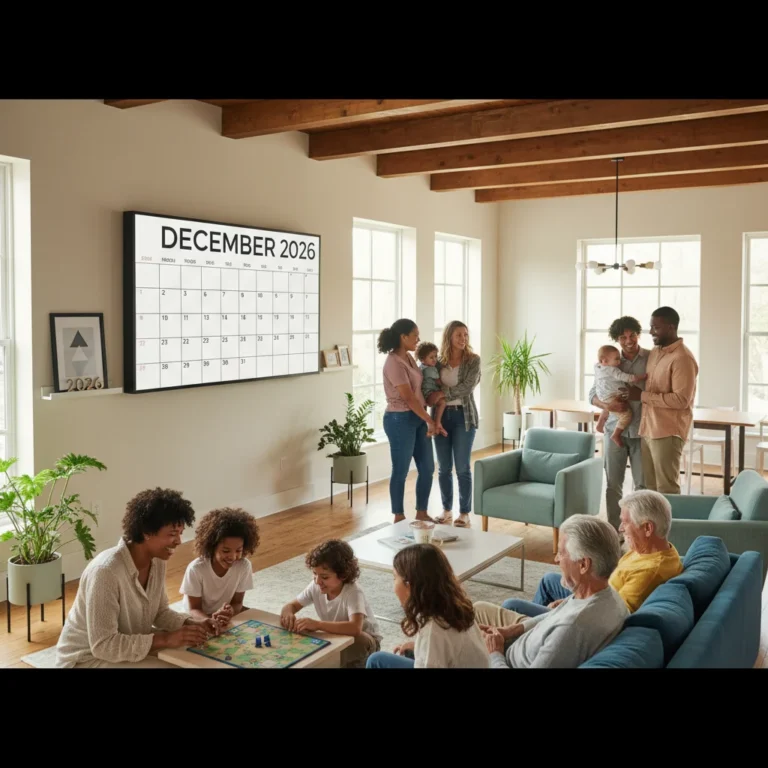Diverse modern American family smiling in a contemporary home living room in 2026, showcasing connection and happiness.