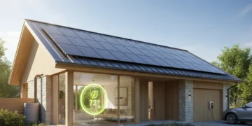 Modern home with solar panels, smart thermostat, and green landscaping for energy efficiency