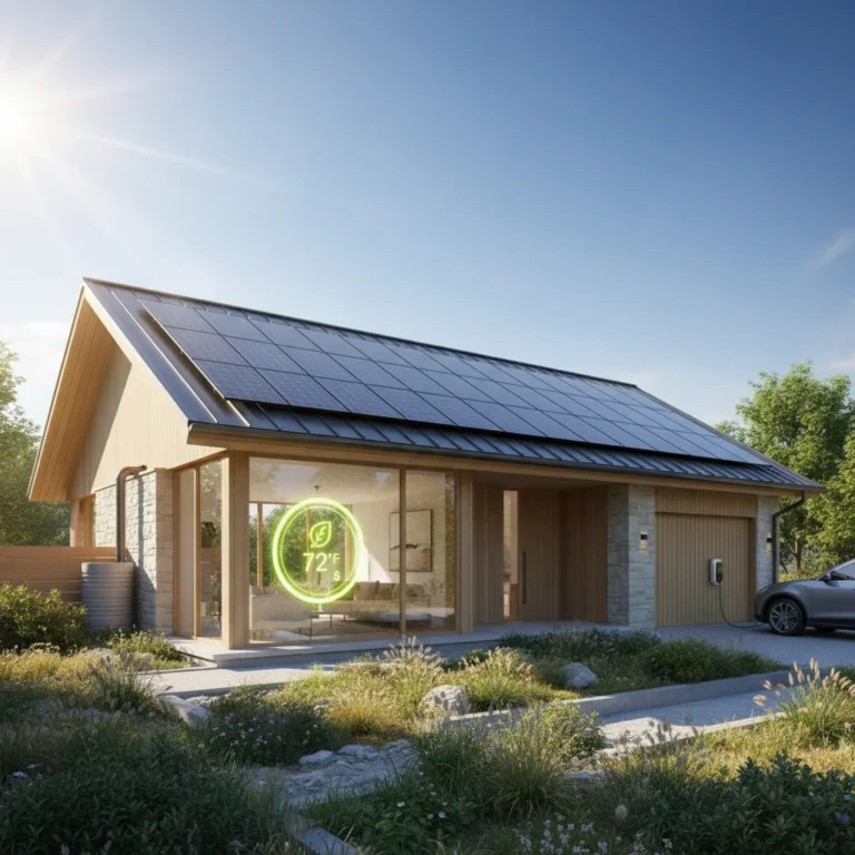 Modern home with solar panels, smart thermostat, and green landscaping for energy efficiency
