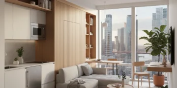Modern 400 sq ft micro-apartment interior with space-saving furniture