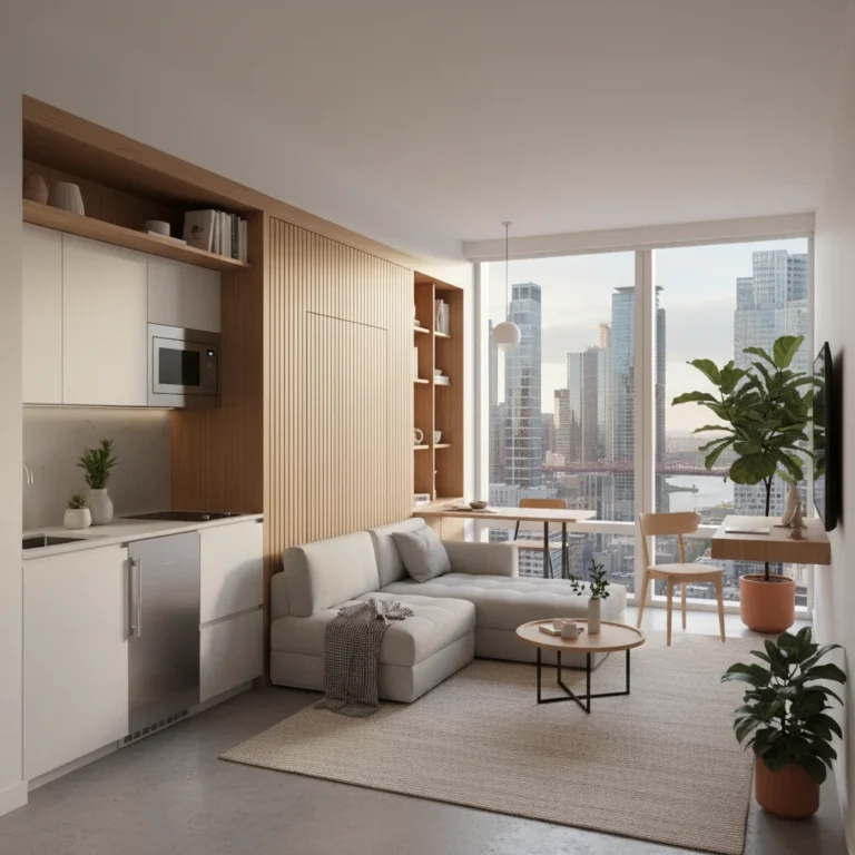 Modern 400 sq ft micro-apartment interior with space-saving furniture