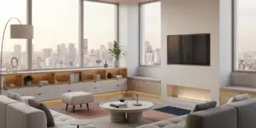 Modern urban apartment living room with modular furniture and city view