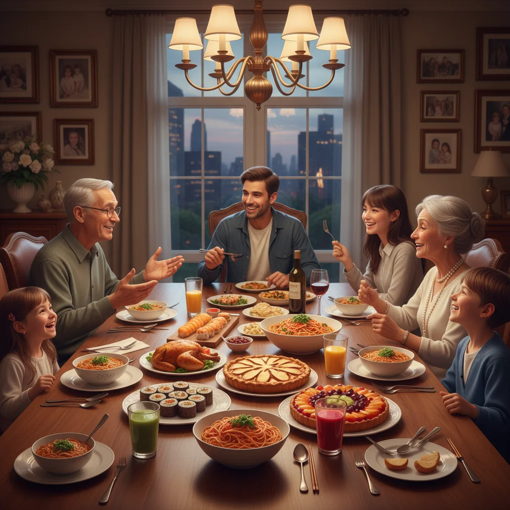 Multi-generational family enjoying a lively dinner conversation