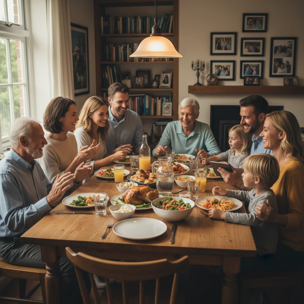 Multi-generational family sharing a meal and conversation, highlighting strong intergenerational connections and support.