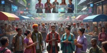 Diverse individuals from niche communities interacting in a modern urban environment