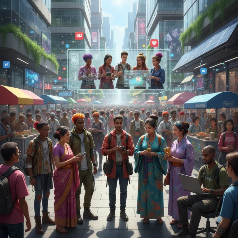Diverse individuals from niche communities interacting in a modern urban environment