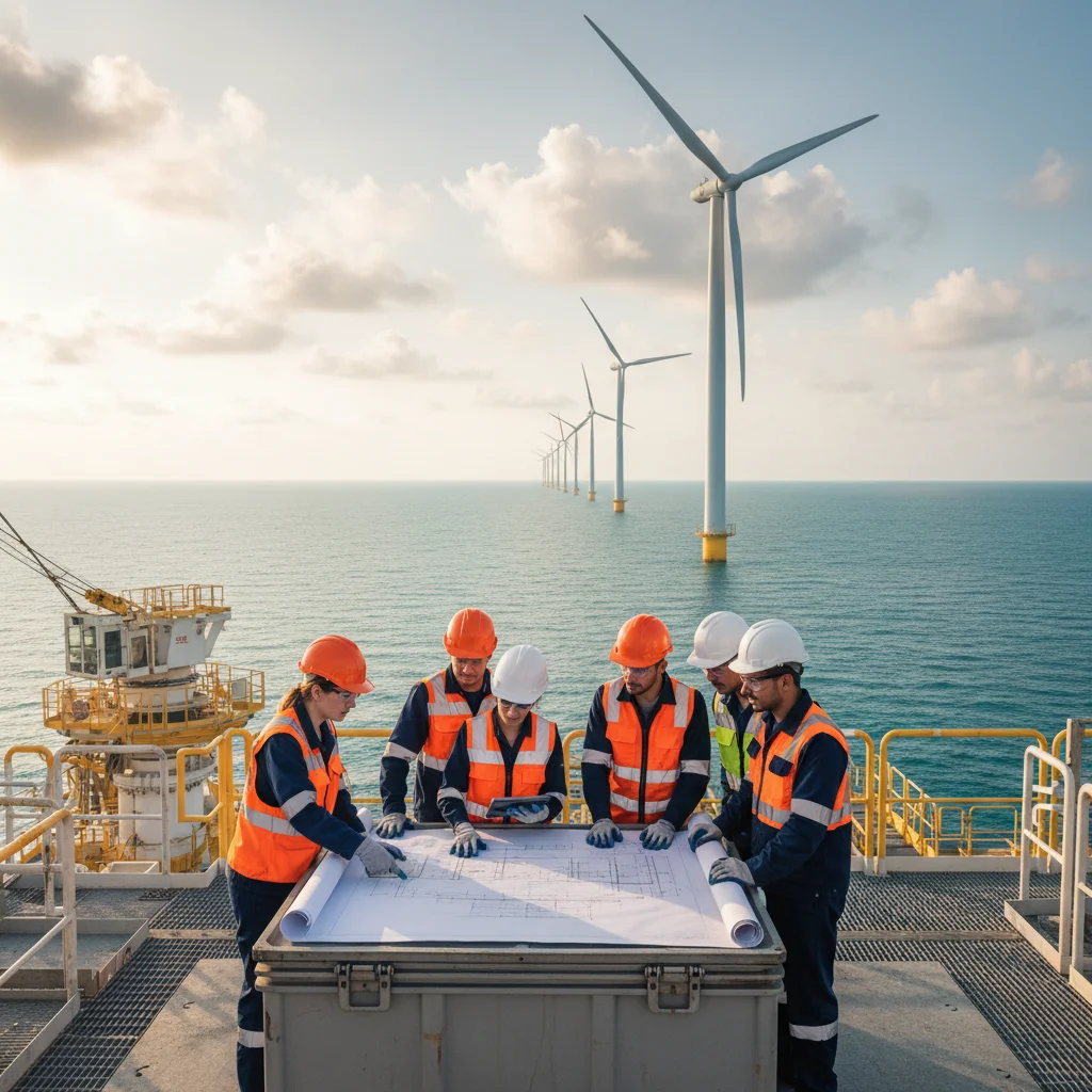 Engineers reviewing schematics for an offshore wind farm, symbolizing renewable energy infrastructure development.