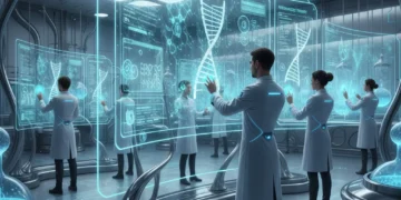 Scientists examining genetic data for personalized medicine research