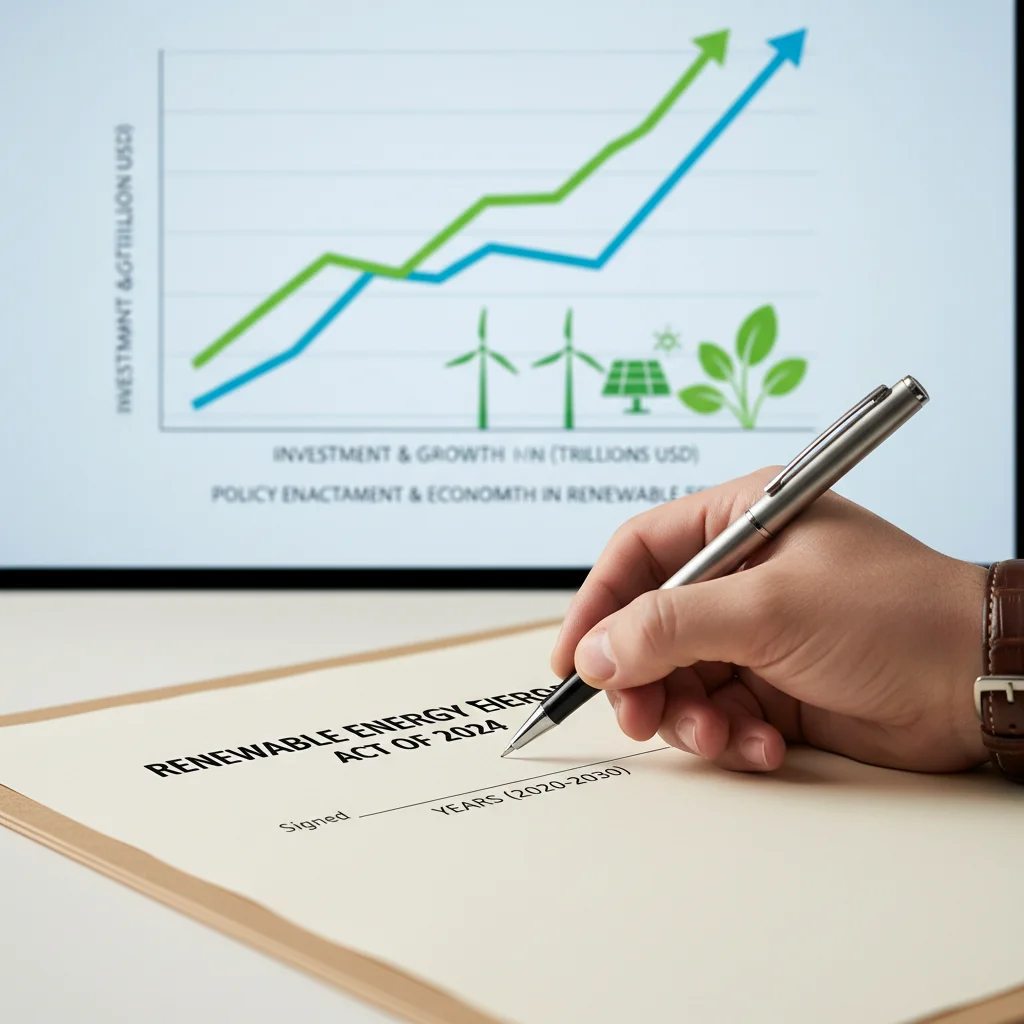 Hand signing a legislative document, symbolizing new U.S. energy policy enactment and economic growth.