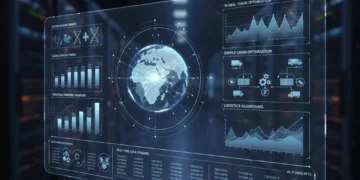 Futuristic dashboard showing predictive analytics data for healthcare and logistics efficiency.