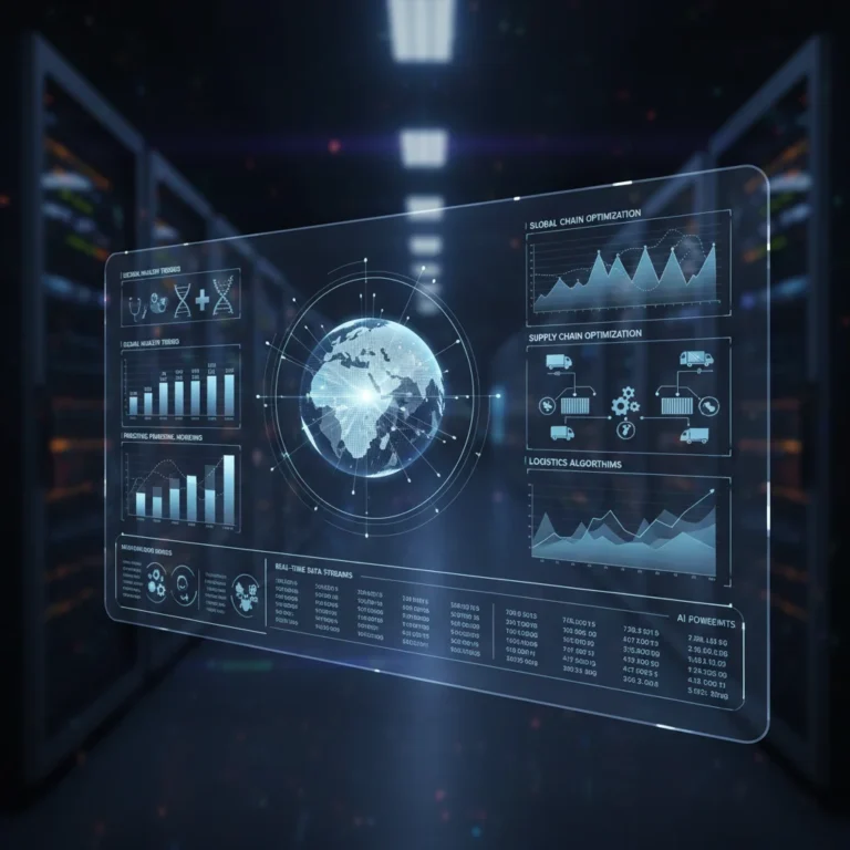 Futuristic dashboard showing predictive analytics data for healthcare and logistics efficiency.