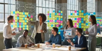 Professionals brainstorming with advanced ideation frameworks in a modern office