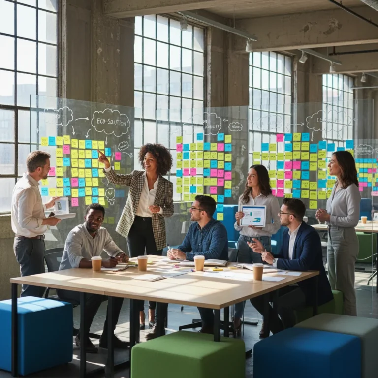 Professionals brainstorming with advanced ideation frameworks in a modern office