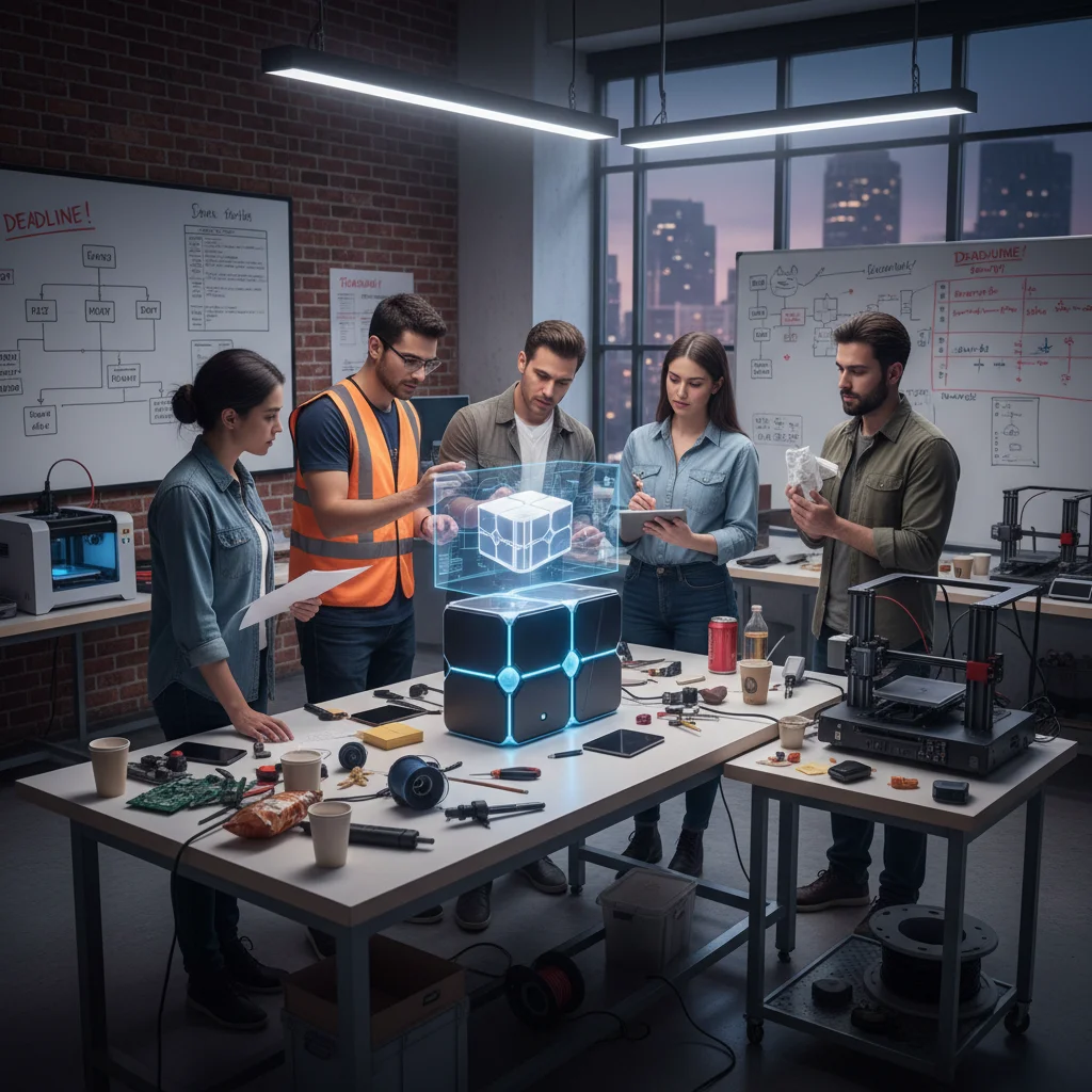 Engineers and designers reviewing a product prototype in a workshop, demonstrating iterative development.