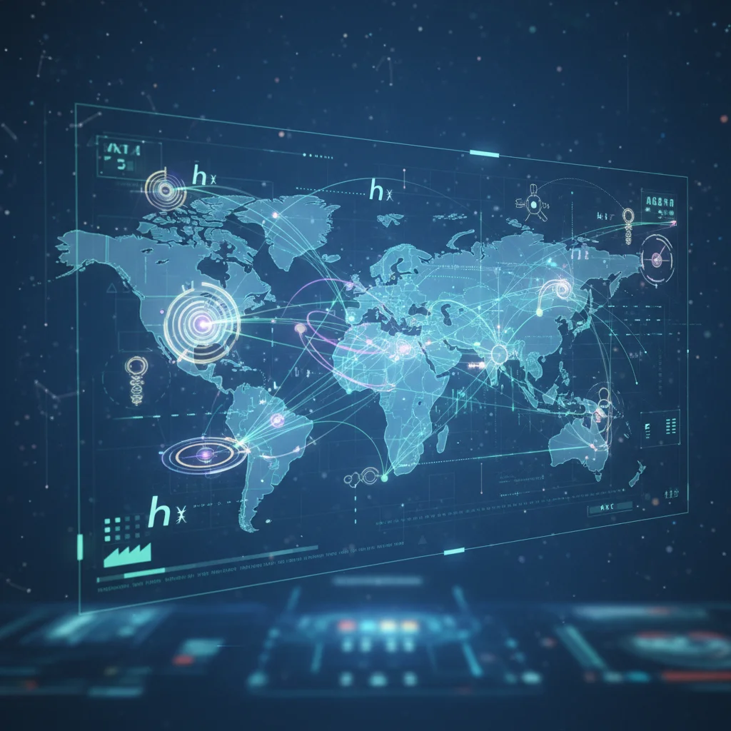 Optimized supply chain network with quantum computing symbols for logistics.