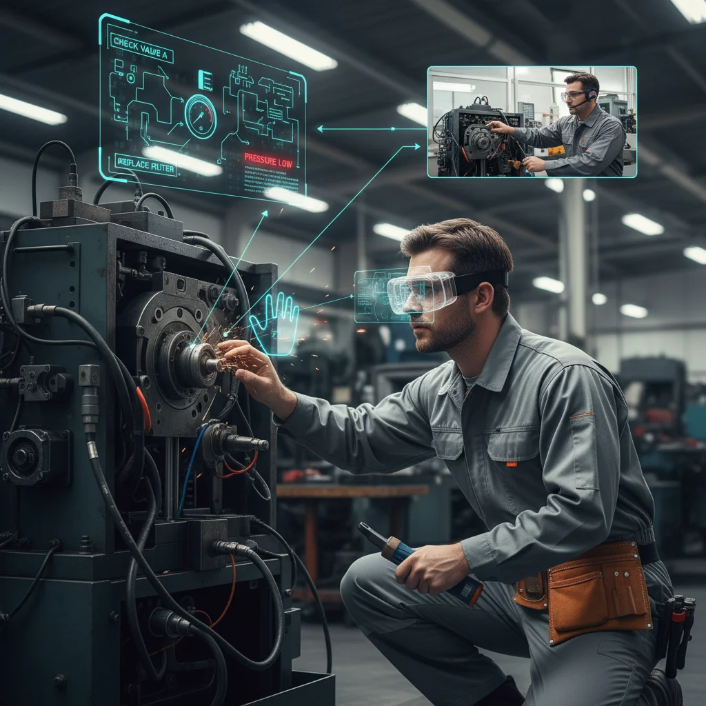 Field service technician receiving remote augmented reality assistance for equipment repair.