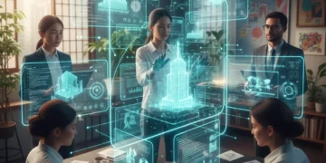 Diverse remote team collaborating on screens with futuristic interfaces