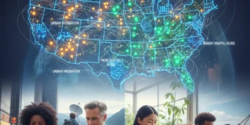 Stylized map of the US illustrating remote work's cultural impact on communities by 2026, showing interconnected urban and rural shifts.