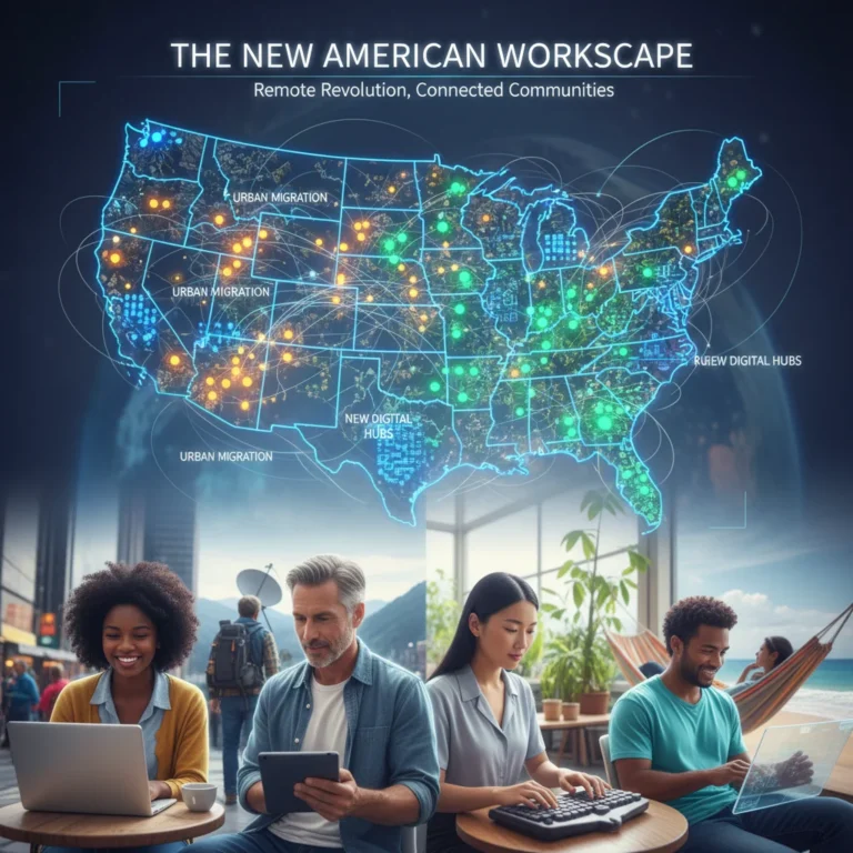 Stylized map of the US illustrating remote work's cultural impact on communities by 2026, showing interconnected urban and rural shifts.