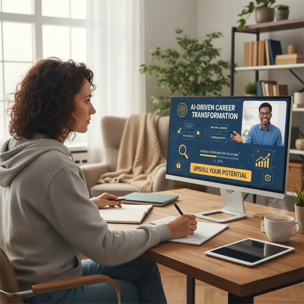 Individual engaging in online reskilling for AI-driven job market