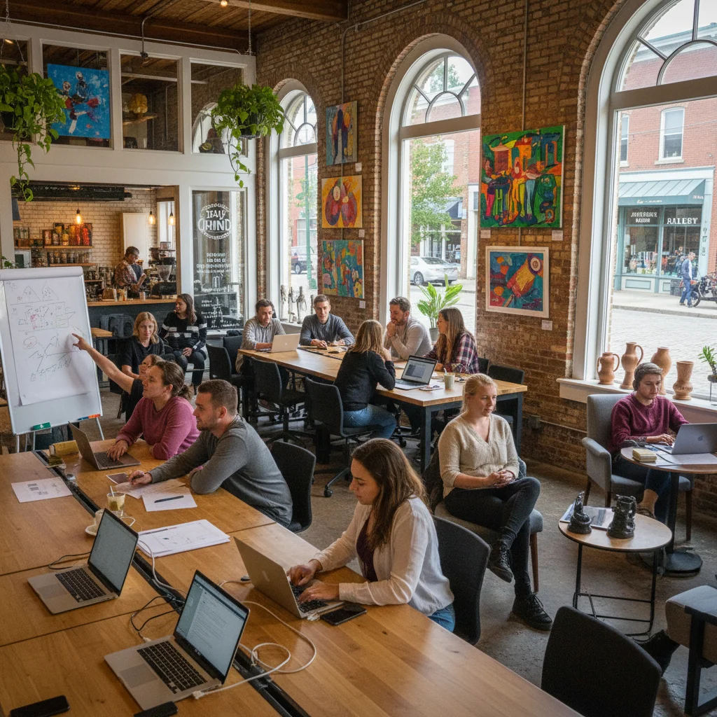 Diverse individuals working in a vibrant co-working space in a small town, illustrating rural economic revitalization.