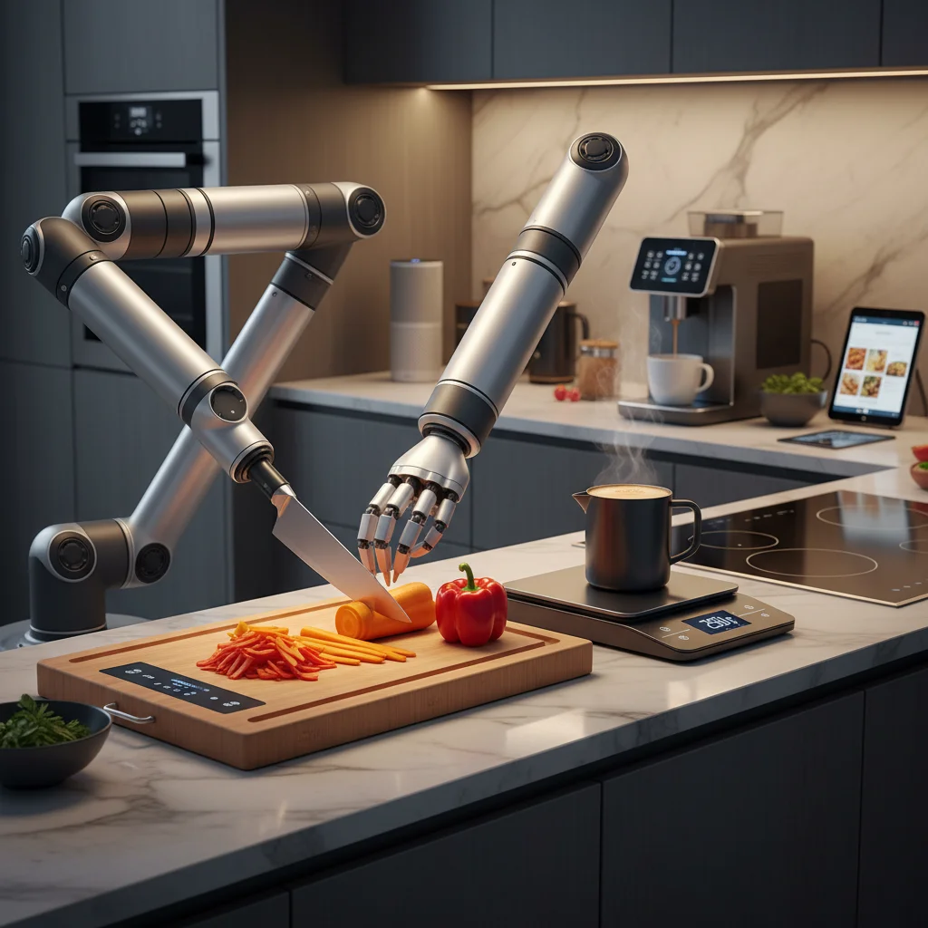 Robotic kitchen assistant performing precise food preparation tasks in a modern kitchen.