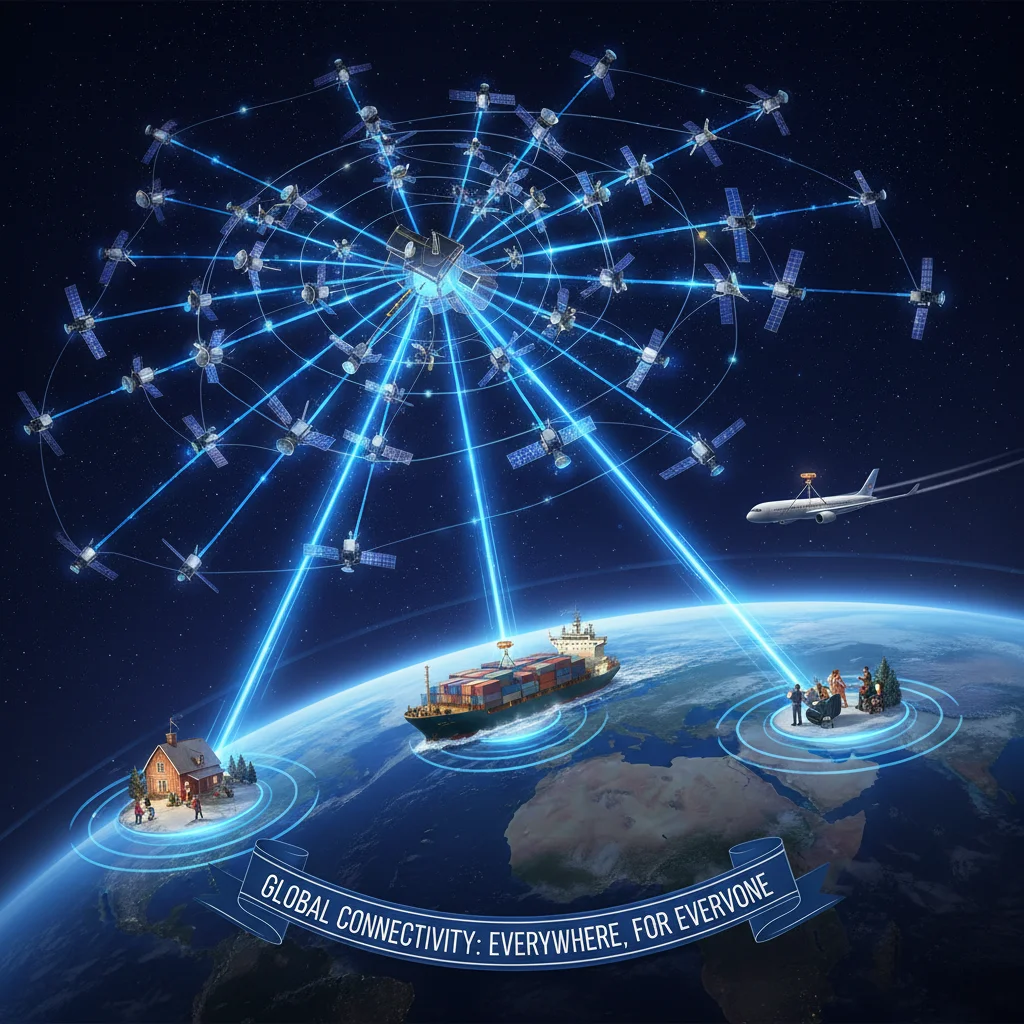 Illustration of a satellite internet constellation providing global broadband connectivity to diverse users.