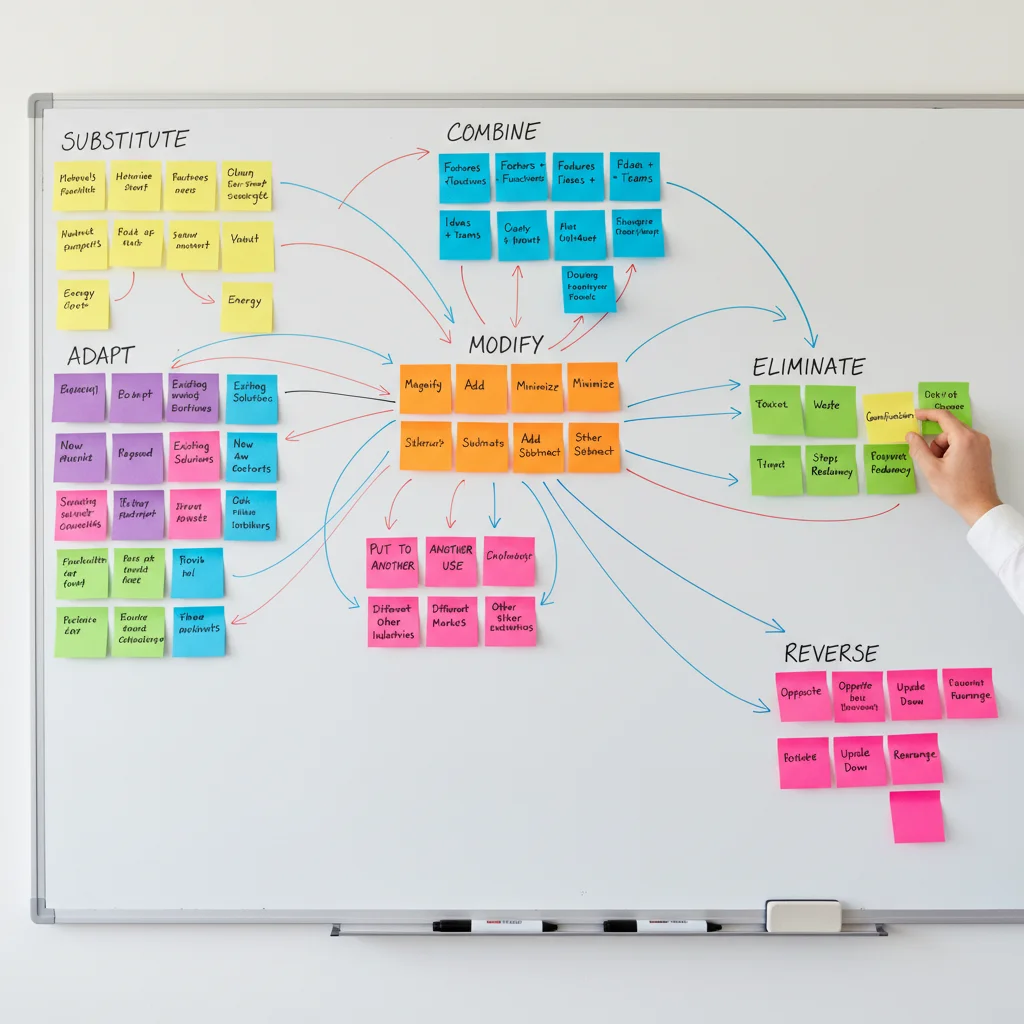 Whiteboard demonstrating SCAMPER method steps with sticky notes for idea generation.