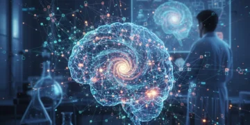 Abstract visualization of a serendipity engine in a research lab, symbolizing interconnected data and unexpected discoveries.