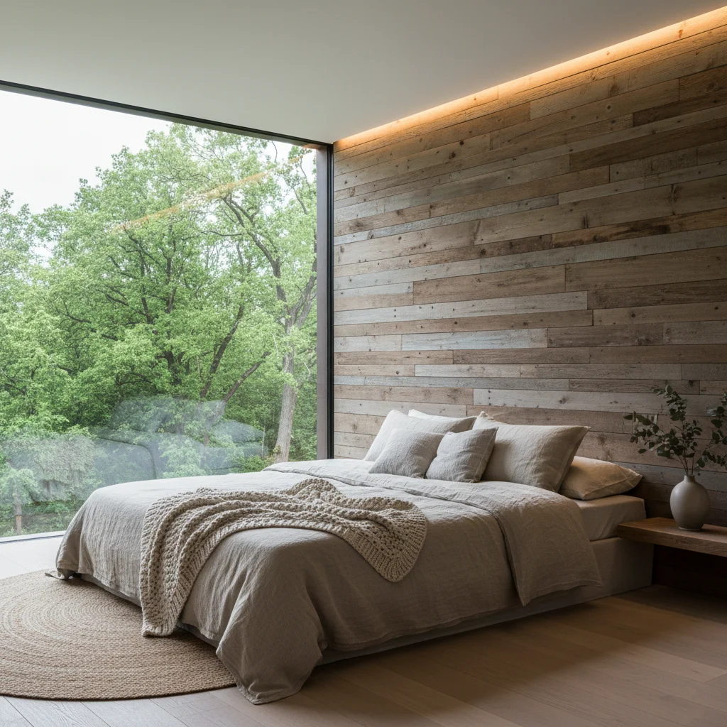 Serene bedroom with natural textures and indirect lighting